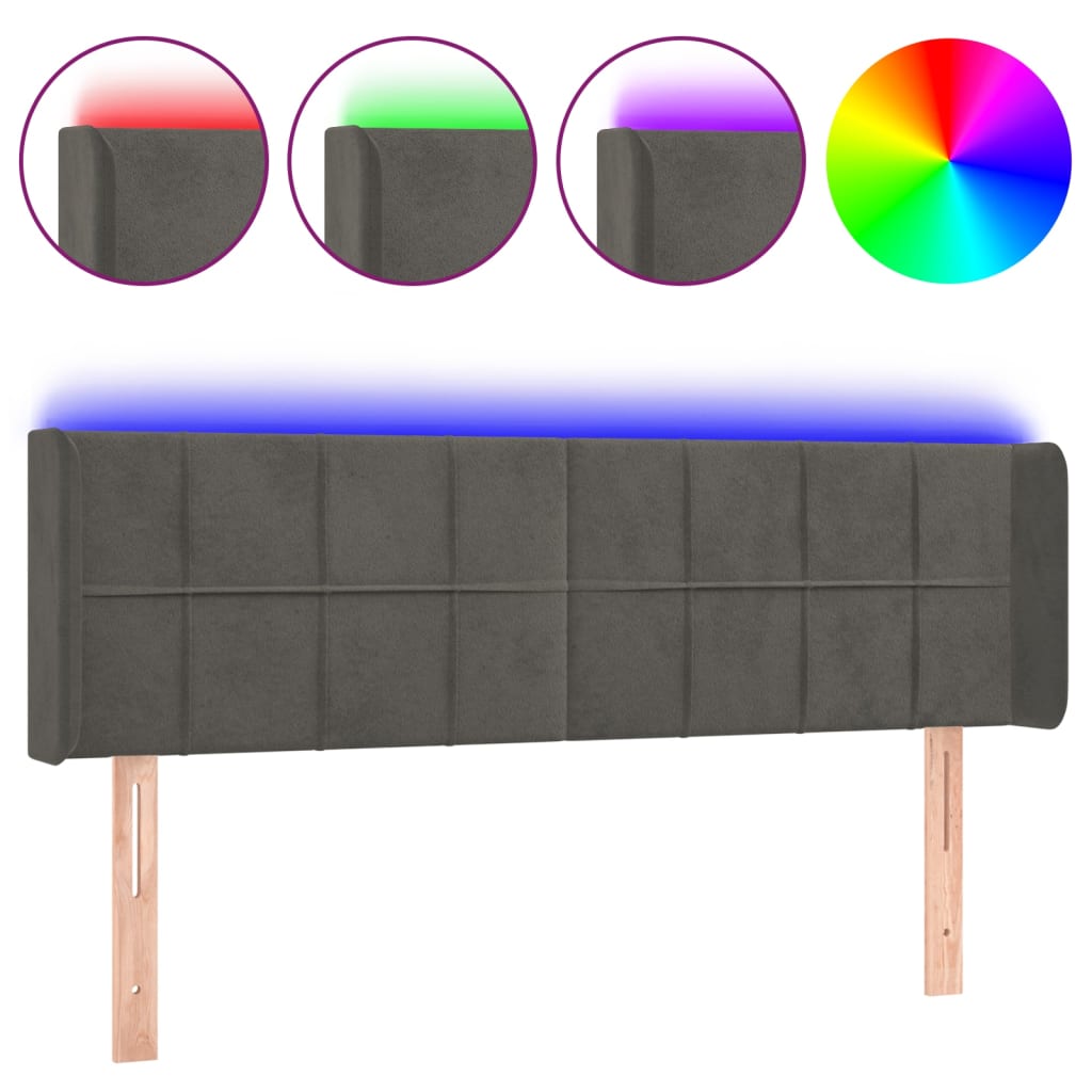 vidaXL Zagłówek do łóżka z LED, ciemnoszary, 147x16x78/88 cm, aksamit
