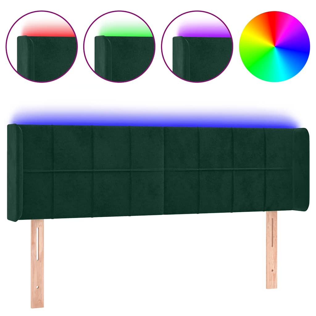 vidaXL Zagłówek do łóżka z LED, ciemnozielony, 147x16x78/88cm, aksamit
