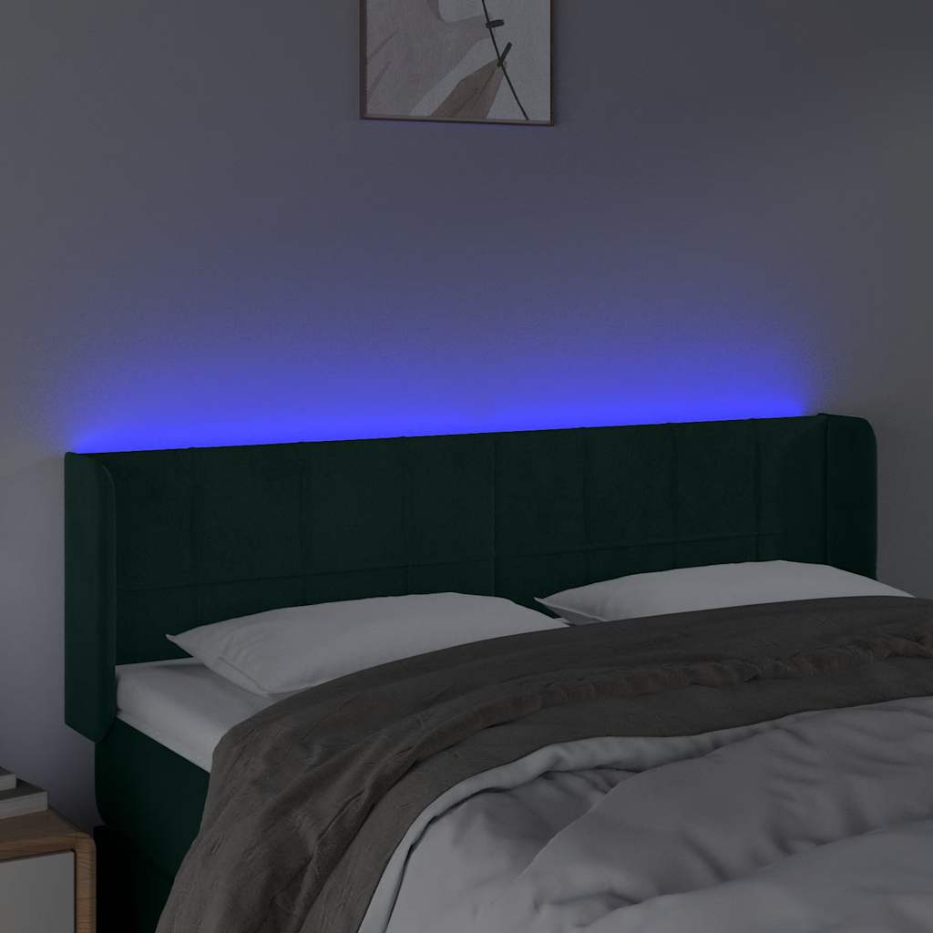 vidaXL Zagłówek do łóżka z LED, ciemnozielony, 147x16x78/88cm, aksamit