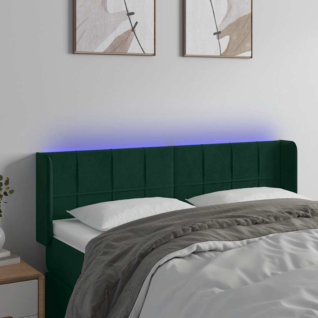 vidaXL Zagłówek do łóżka z LED, ciemnozielony, 147x16x78/88cm, aksamit