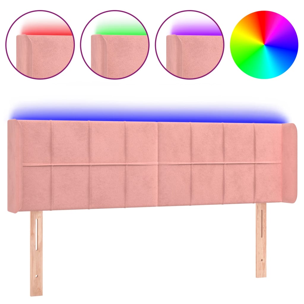 vidaXL Zagłówek do łóżka z LED, różowy, 147x16x78/88 cm, aksamit