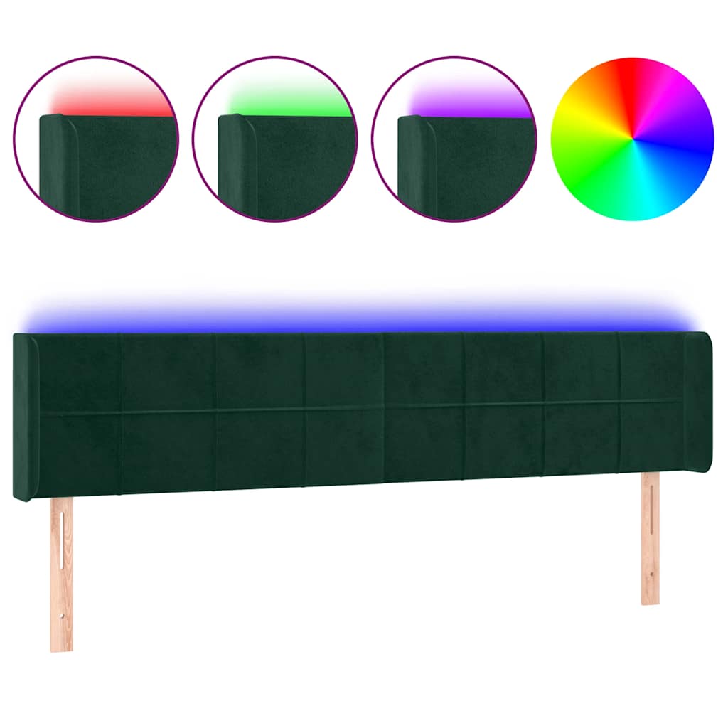 vidaXL Zagłówek do łóżka z LED, ciemnozielony, 163x16x78/88cm, aksamit