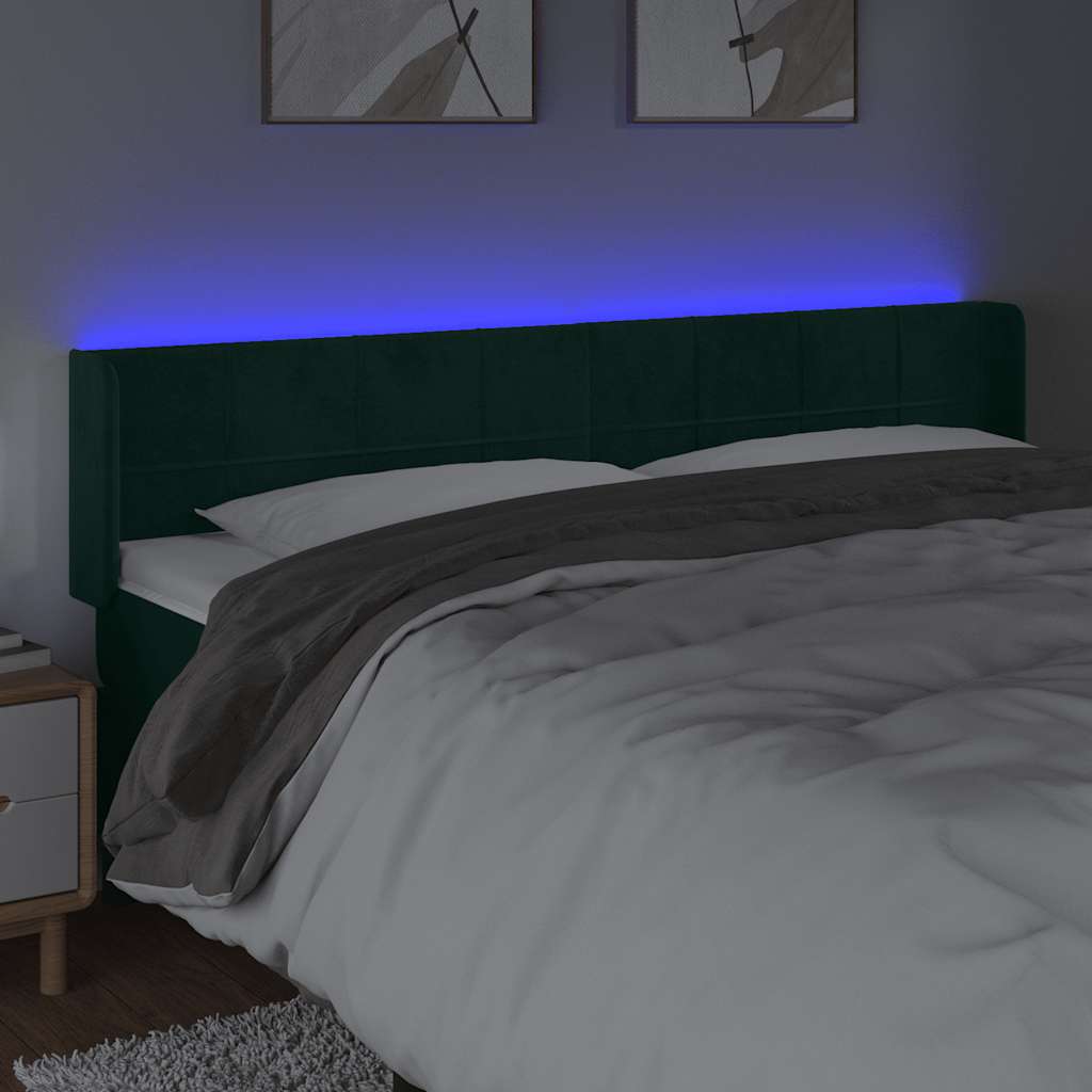 vidaXL Zagłówek do łóżka z LED, ciemnozielony, 163x16x78/88cm, aksamit