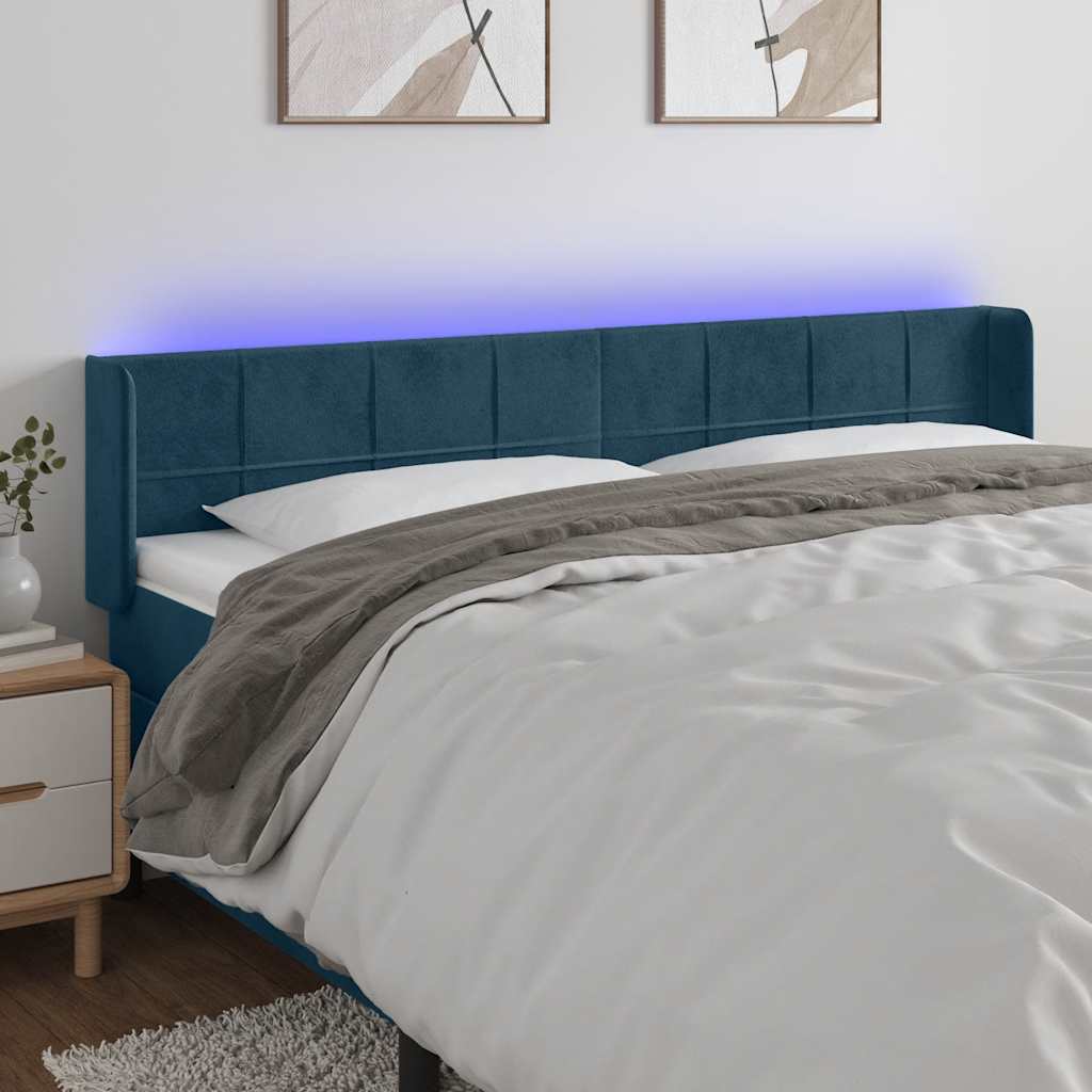 vidaXL Zagłówek do łóżka z LED ciemnoniebieski 163x16x78/88 cm aksamit