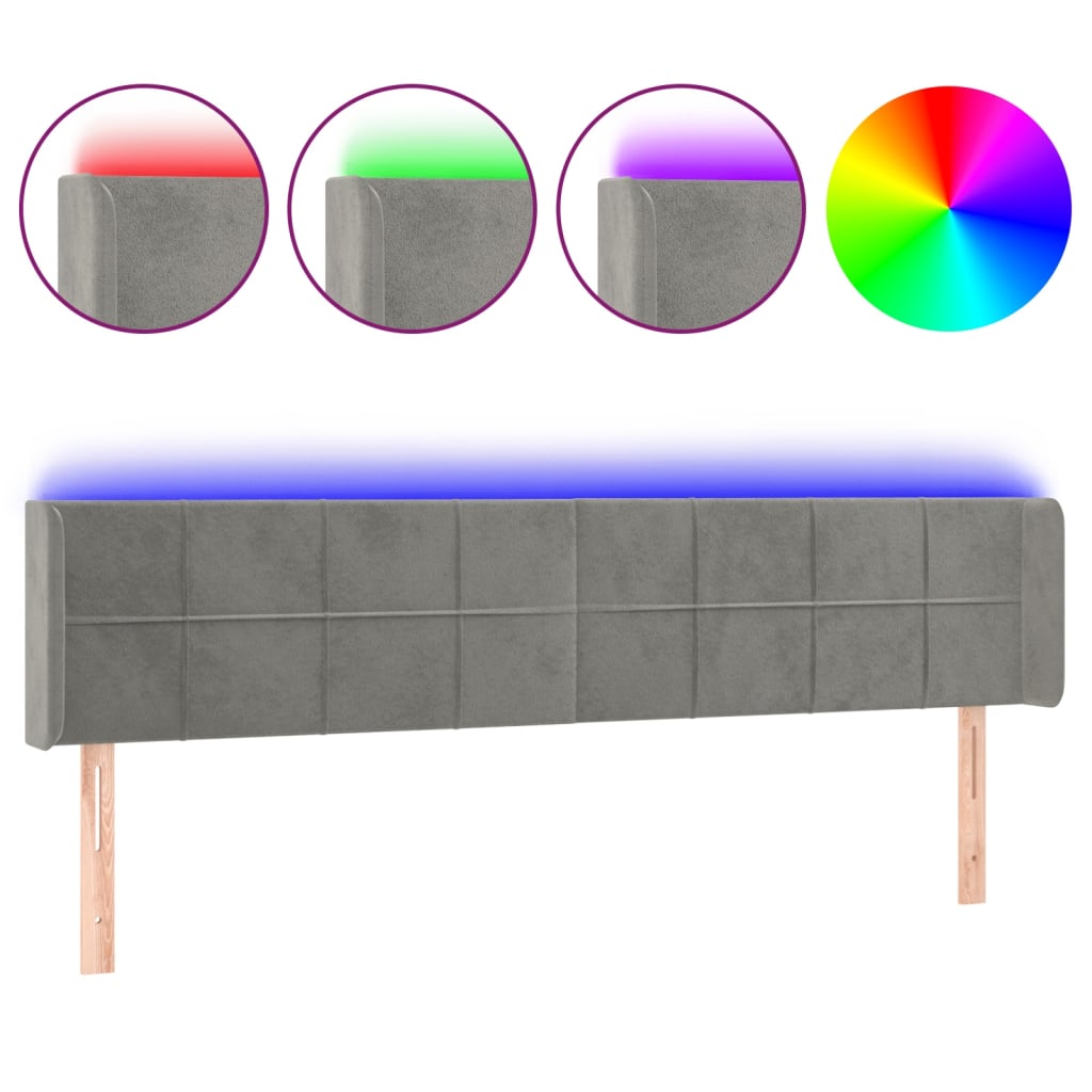 vidaXL Zagłówek do łóżka z LED, jasnoszary, 183x16x78/88 cm, aksamit