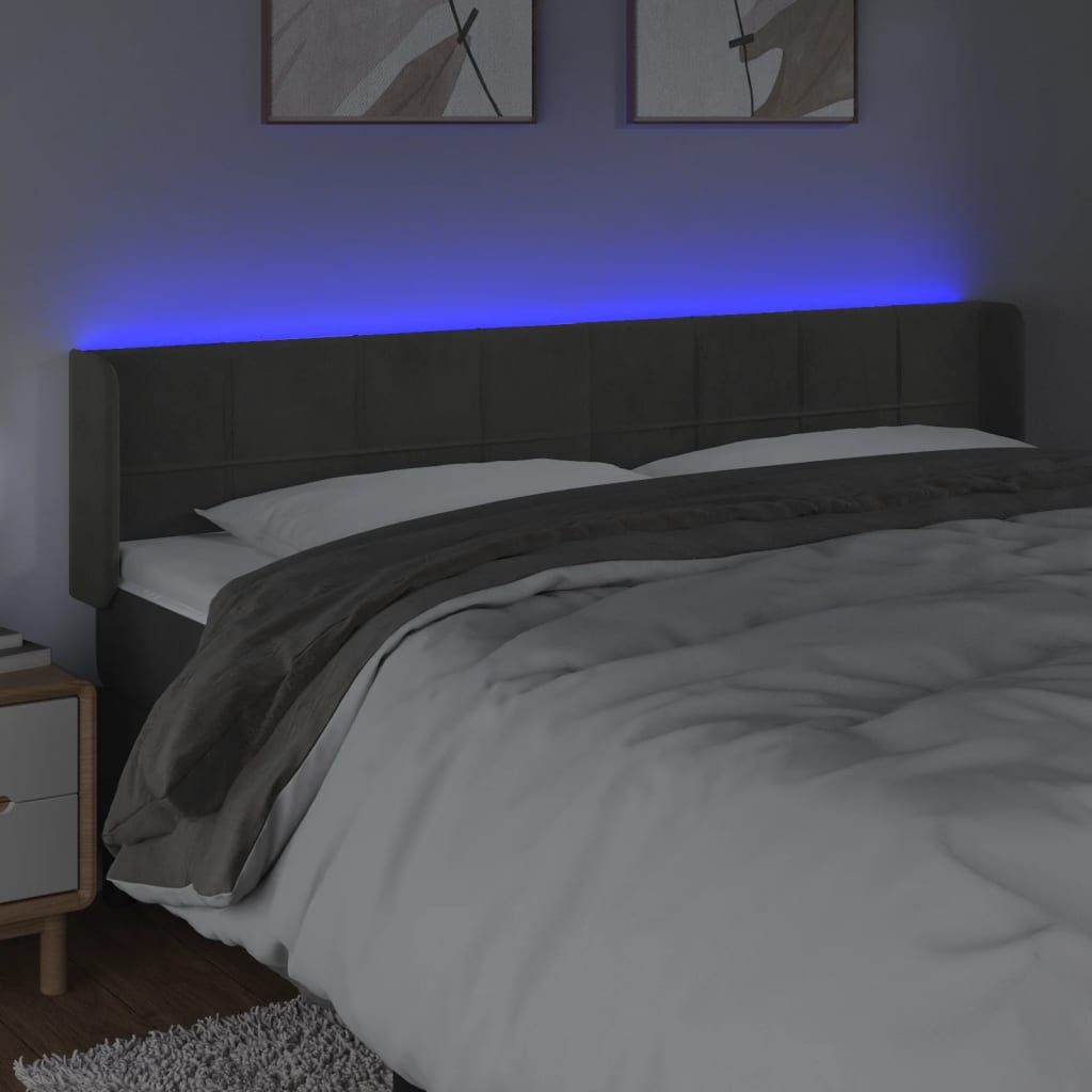 vidaXL Zagłówek do łóżka z LED, ciemnoszary, 183x16x78/88 cm, aksamit