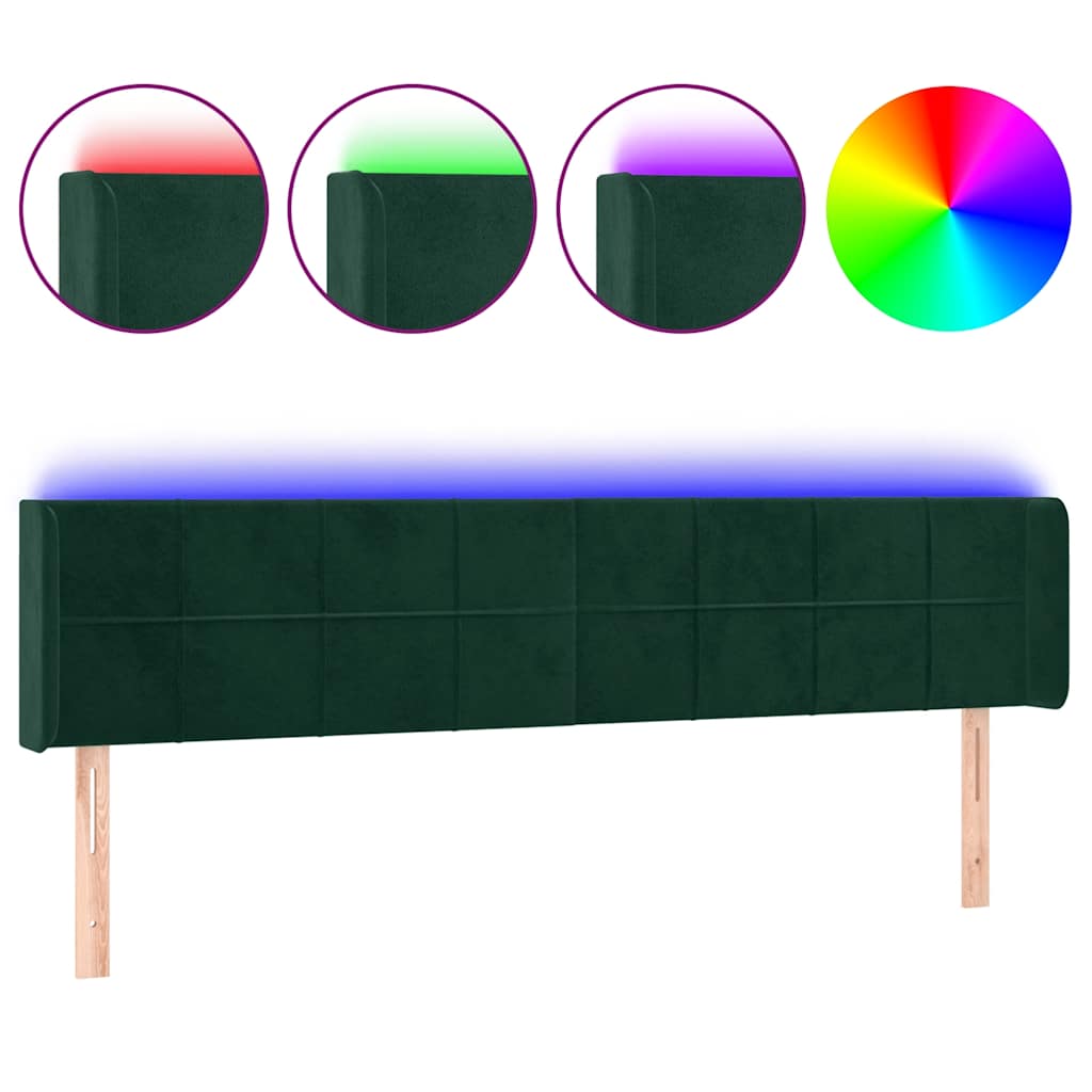 vidaXL Zagłówek do łóżka z LED, ciemnozielony, 183x16x78/88cm, aksamit