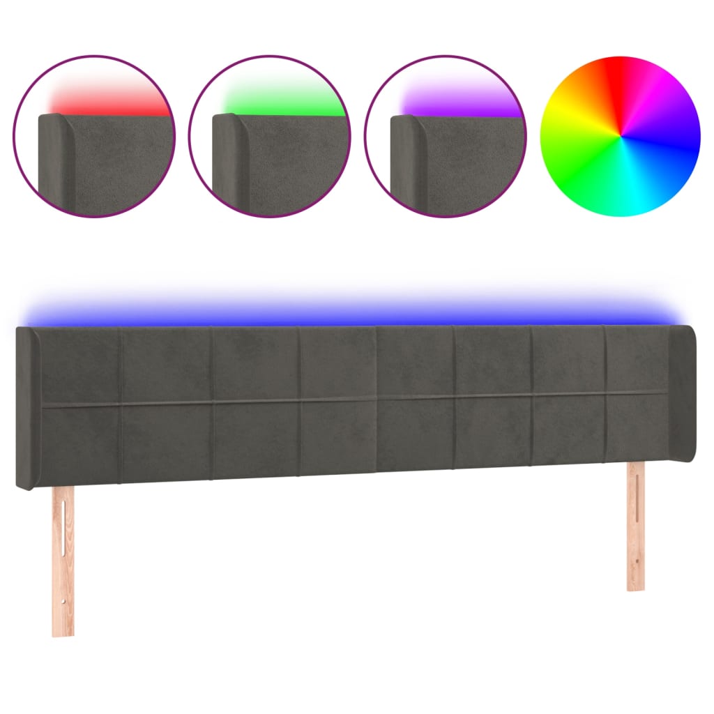 vidaXL Zagłówek do łóżka z LED, ciemnoszary, 203x16x78/88 cm, aksamit