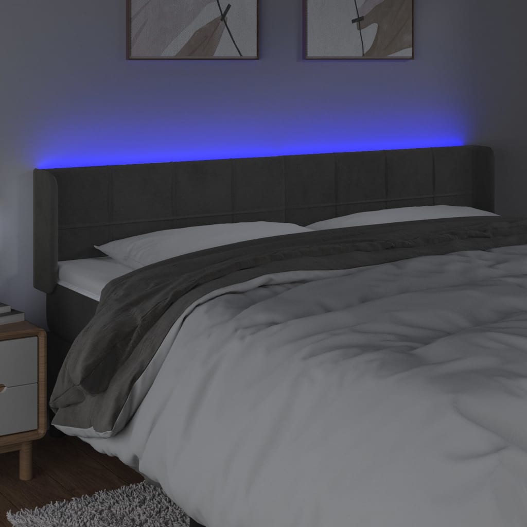 vidaXL Zagłówek do łóżka z LED, ciemnoszary, 203x16x78/88 cm, aksamit