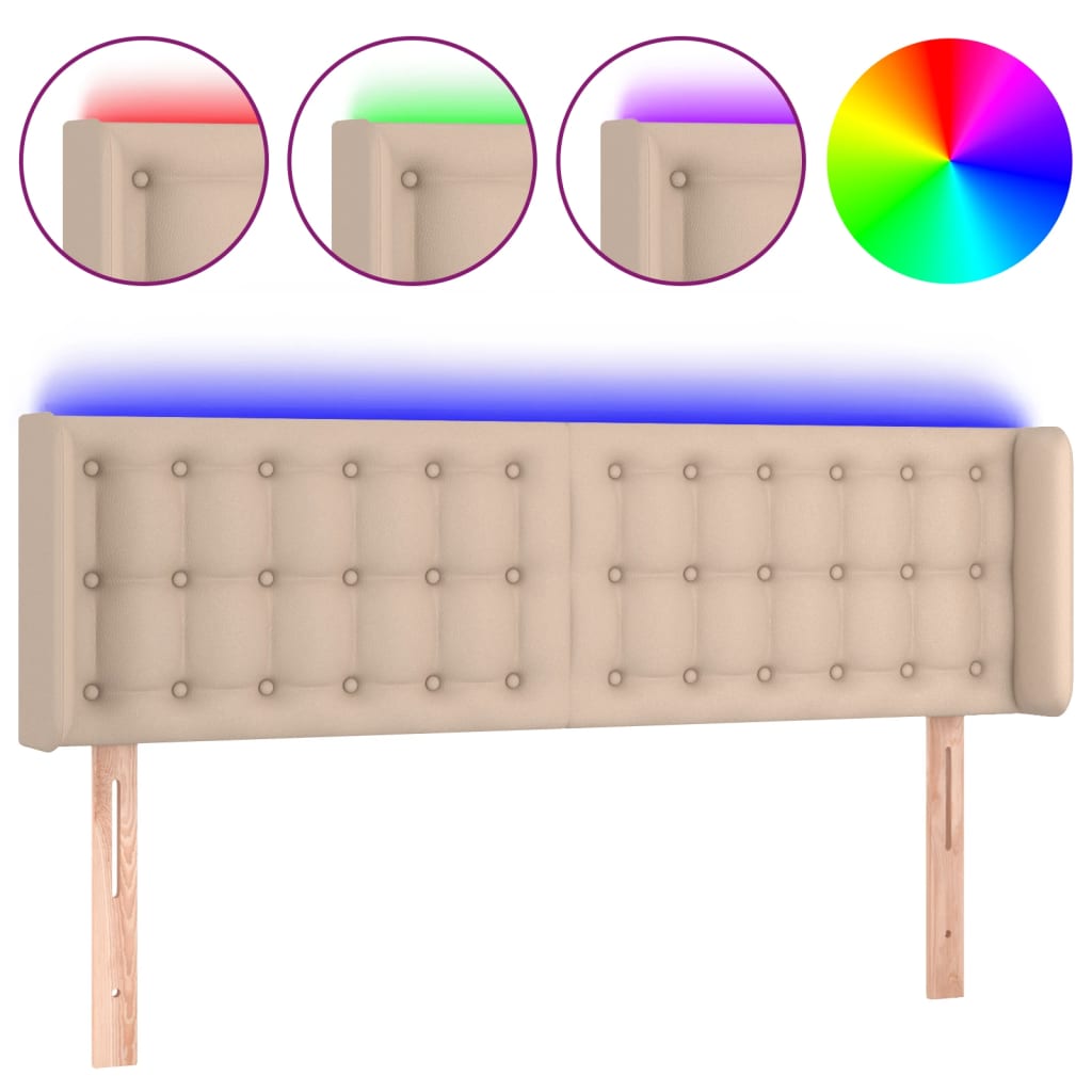 vidaXL Zagłówek do łóżka z LED, cappuccino, 147x16x78/88 cm, ekoskóra
