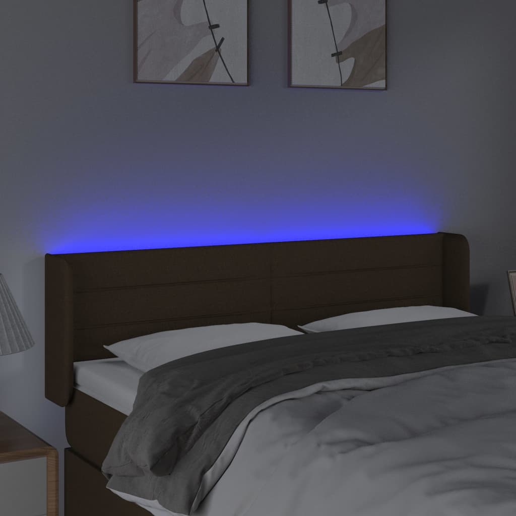 vidaXL Zagłówek do łóżka z LED, ciemnobrązowy, 147x16x78/88cm, tkanina