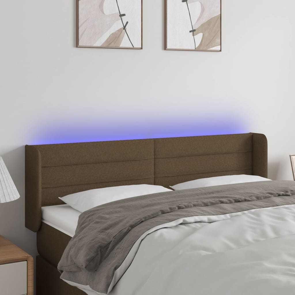 vidaXL Zagłówek do łóżka z LED, ciemnobrązowy, 147x16x78/88cm, tkanina