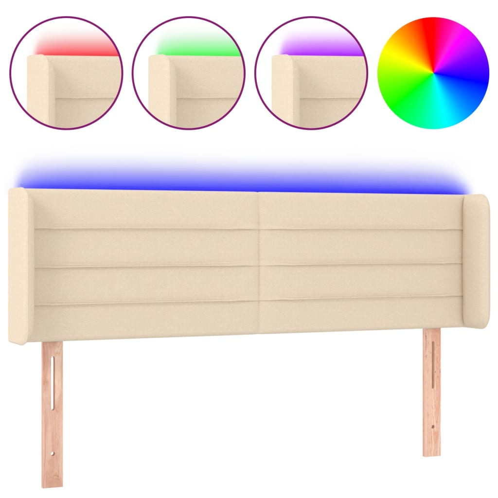 vidaXL Zagłówek do łóżka z LED, kremowy, 147x16x78/88 cm, tkanina