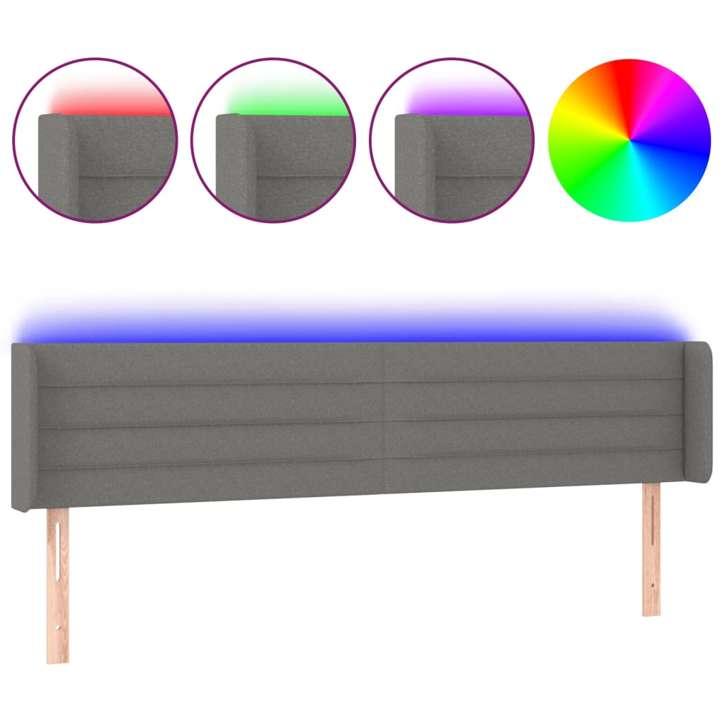 vidaXL Zagłówek do łóżka z LED, ciemnoszary, 203x16x78/88 cm, tkanina