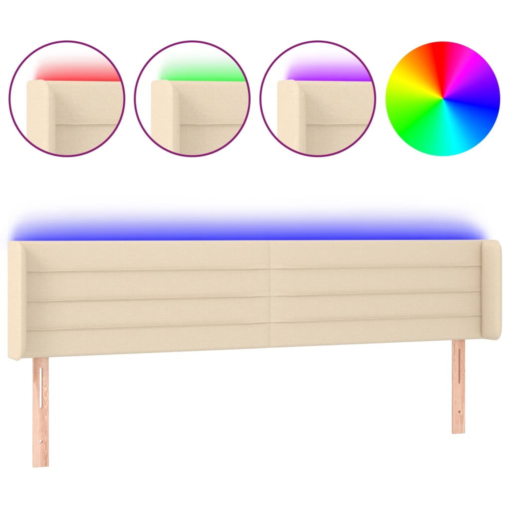 vidaXL Zagłówek do łóżka z LED, kremowy, 203x16x78/88 cm, tkanina