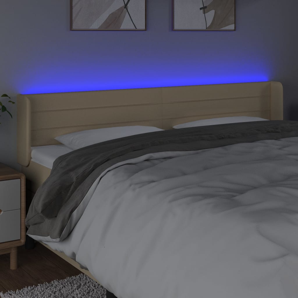 vidaXL Zagłówek do łóżka z LED, kremowy, 203x16x78/88 cm, tkanina