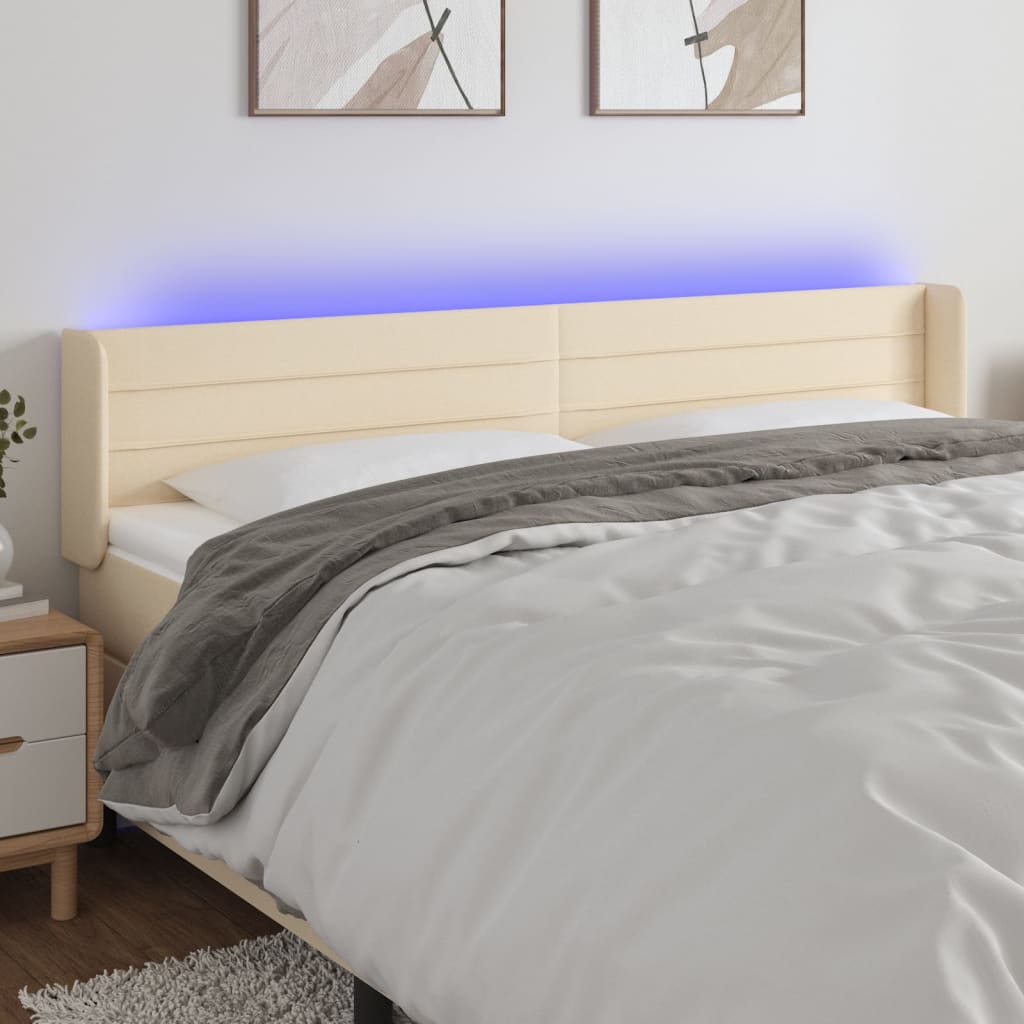 vidaXL Zagłówek do łóżka z LED, kremowy, 203x16x78/88 cm, tkanina