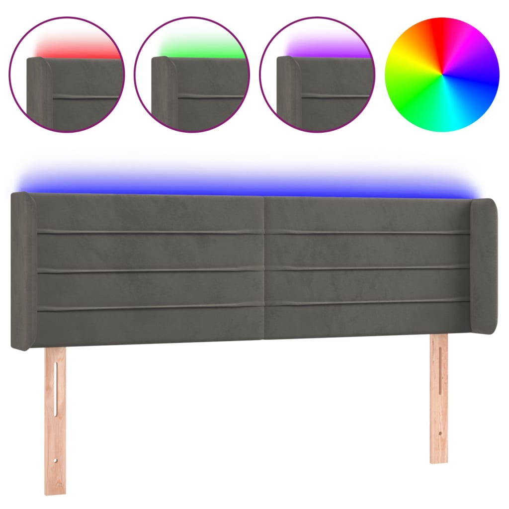 vidaXL Zagłówek do łóżka z LED, ciemnoszary, 147x16x78/88 cm, aksamit