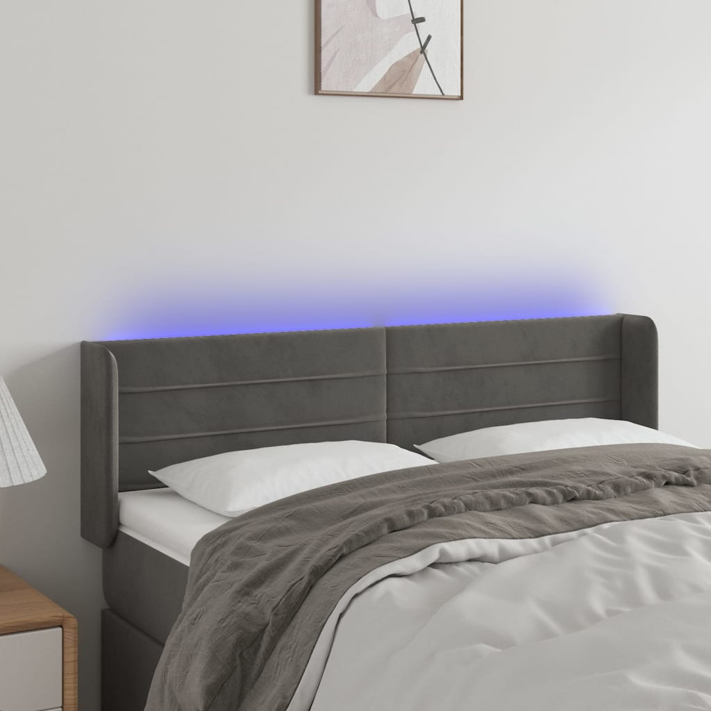 vidaXL Zagłówek do łóżka z LED, ciemnoszary, 147x16x78/88 cm, aksamit