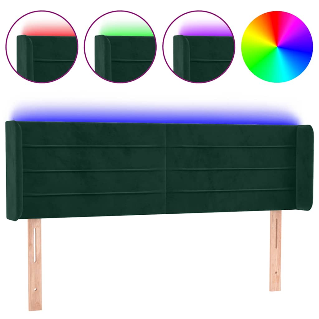 vidaXL Zagłówek do łóżka z LED, ciemnozielony, 147x16x78/88cm, aksamit