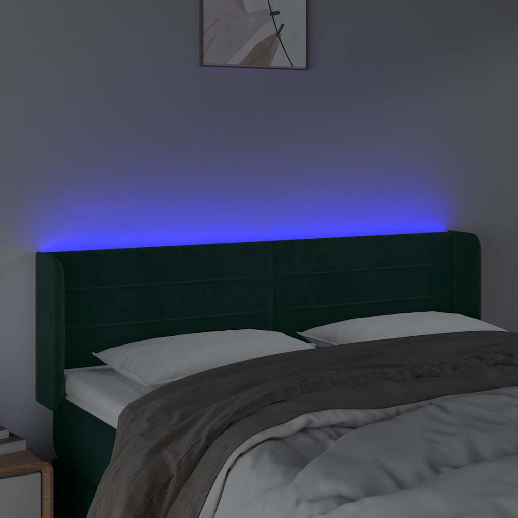 vidaXL Zagłówek do łóżka z LED, ciemnozielony, 147x16x78/88cm, aksamit