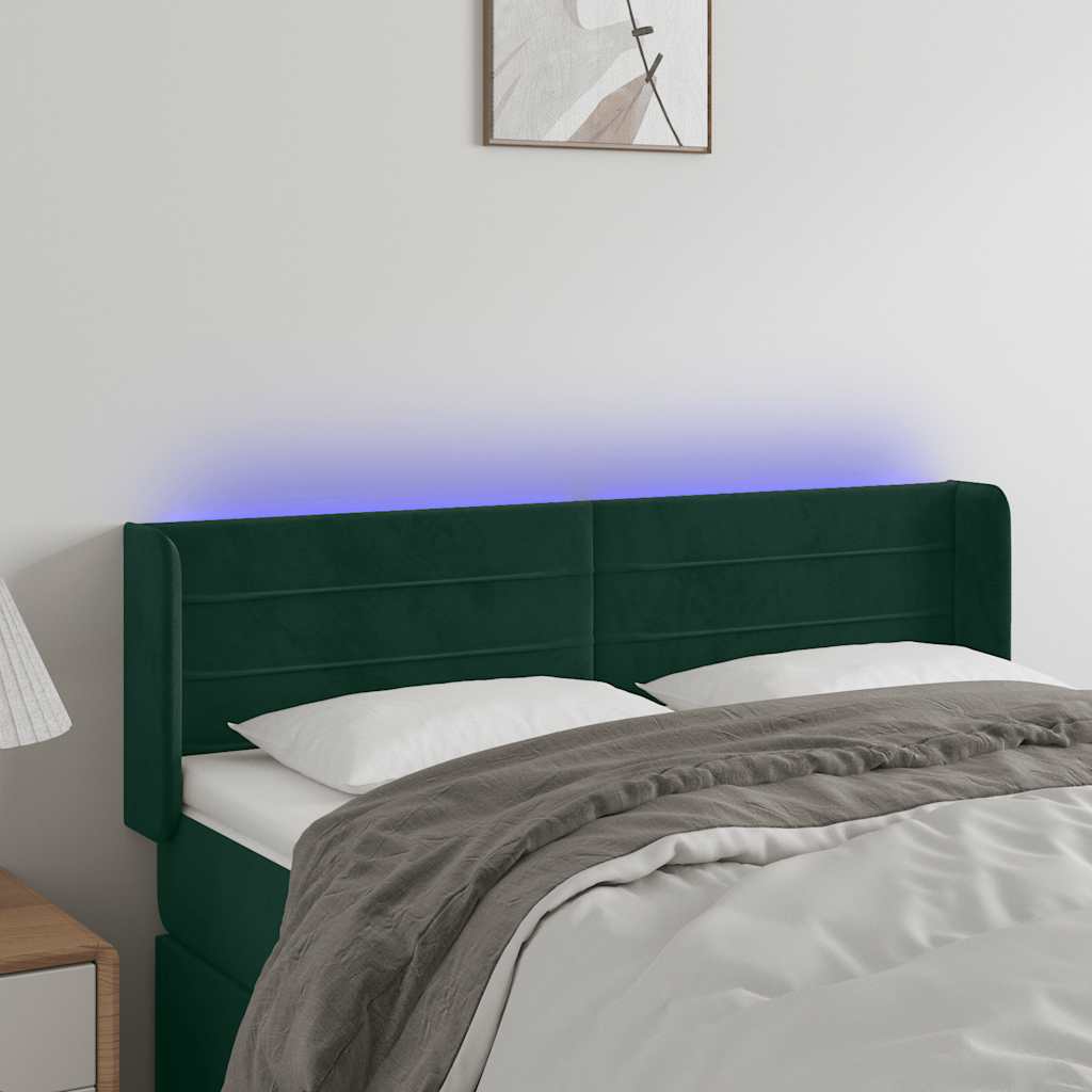 vidaXL Zagłówek do łóżka z LED, ciemnozielony, 147x16x78/88cm, aksamit