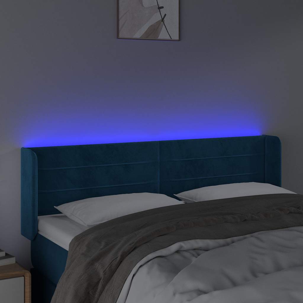 vidaXL Zagłówek do łóżka z LED ciemnoniebieski 147x16x78/88 cm aksamit