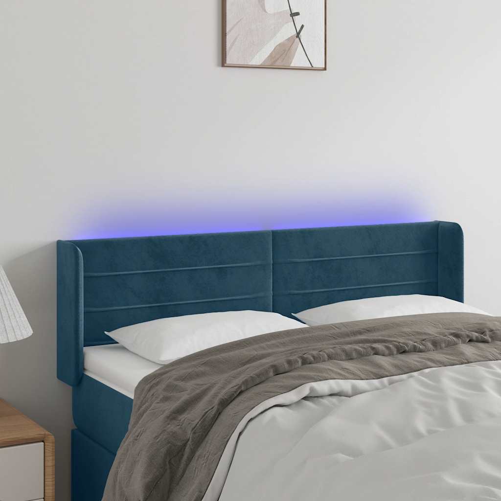 vidaXL Zagłówek do łóżka z LED ciemnoniebieski 147x16x78/88 cm aksamit