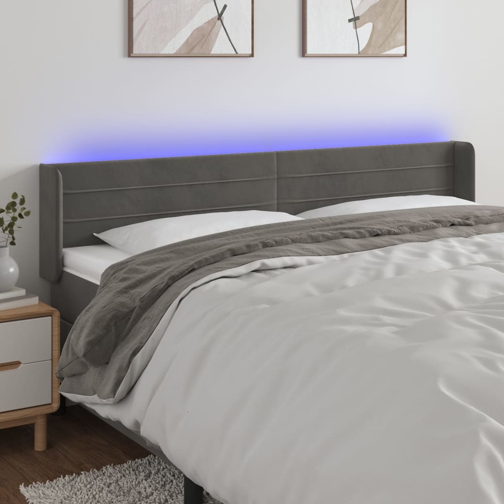 vidaXL Zagłówek do łóżka z LED, ciemnoszary, 163x16x78/88 cm, aksamit