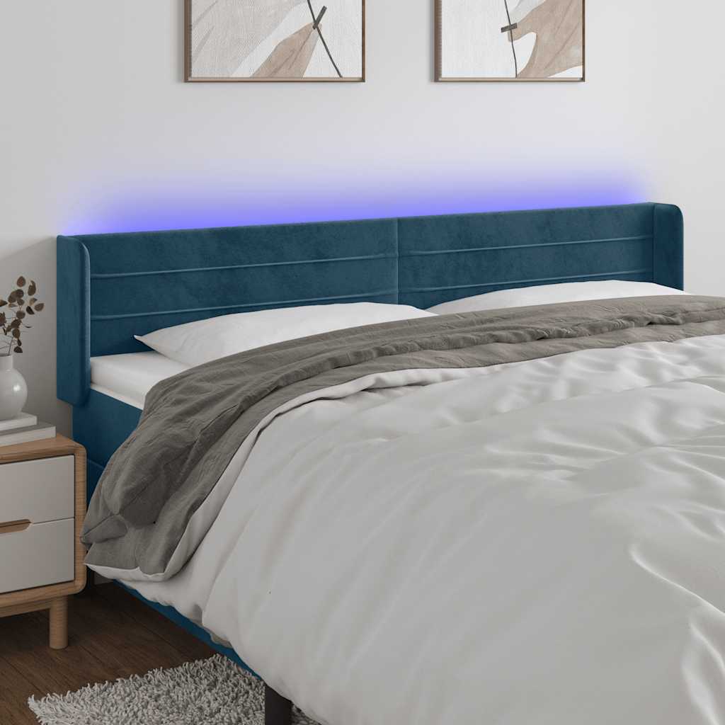 vidaXL Zagłówek do łóżka z LED ciemnoniebieski 163x16x78/88 cm aksamit