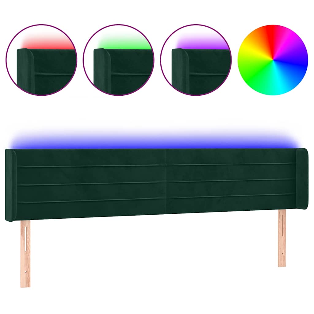 vidaXL Zagłówek do łóżka z LED, ciemnozielony, 183x16x78/88cm, aksamit
