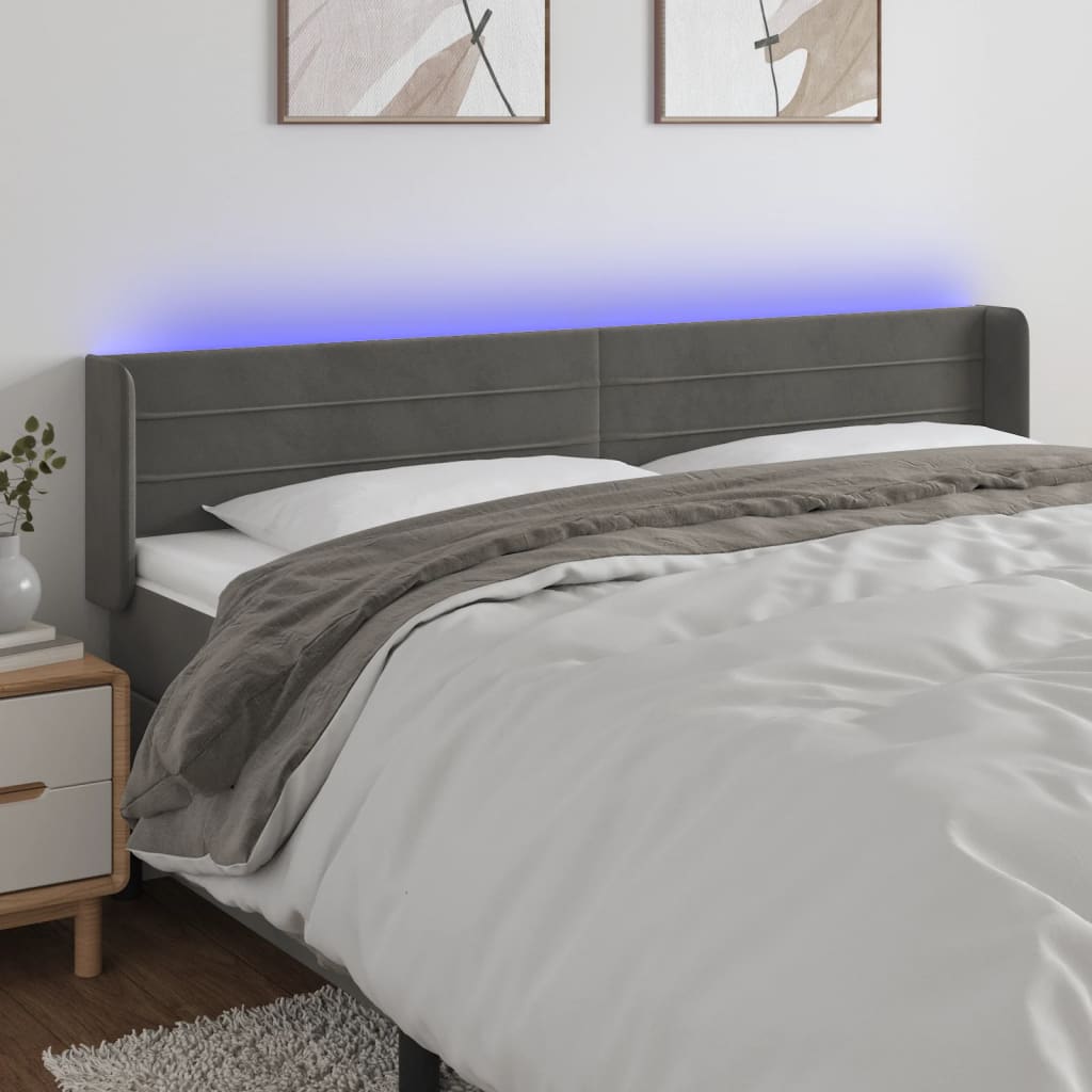 vidaXL Zagłówek do łóżka z LED, ciemnoszary, 203x16x78/88 cm, aksamit