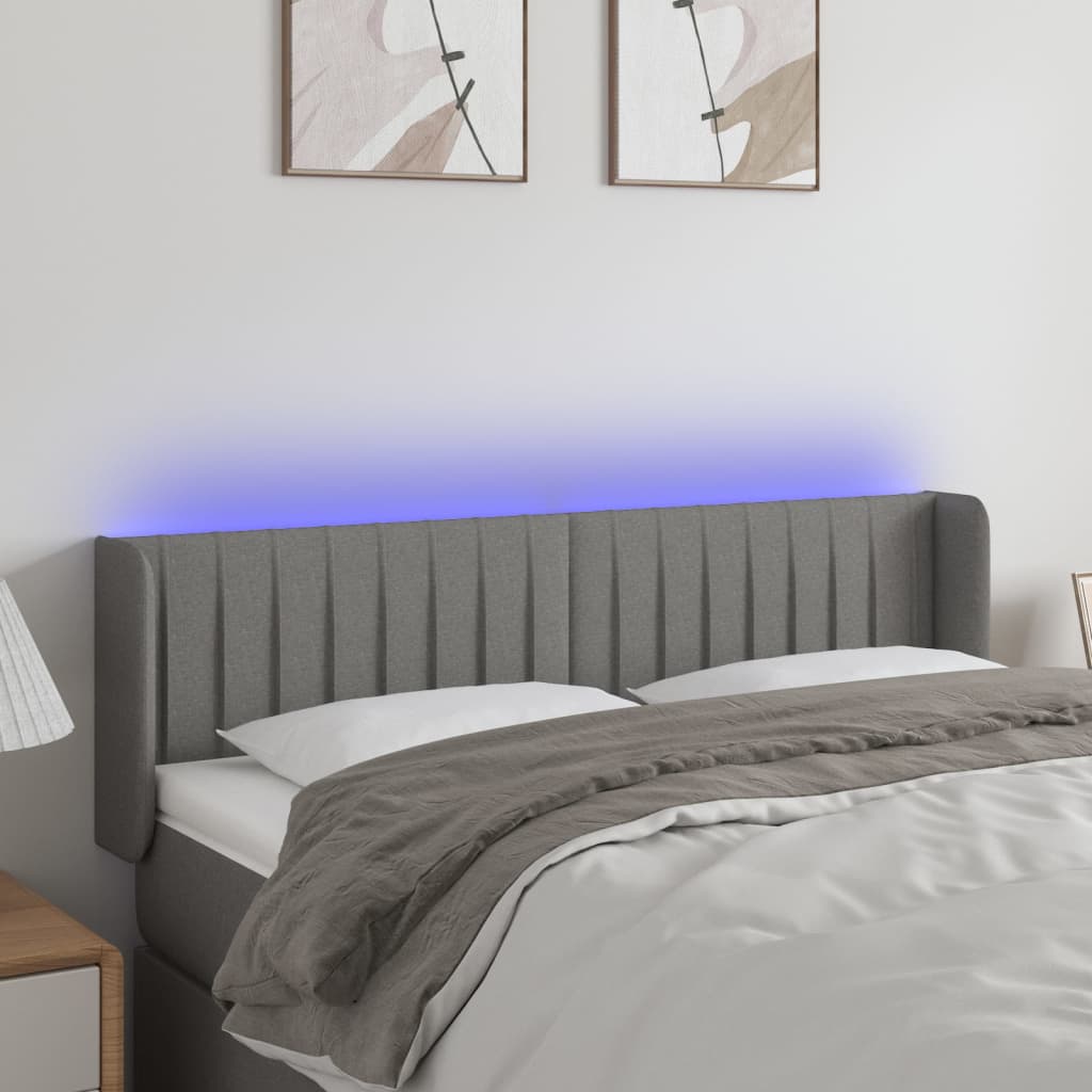 vidaXL Zagłówek do łóżka z LED, ciemnoszary, 147x16x78/88 cm, tkanina
