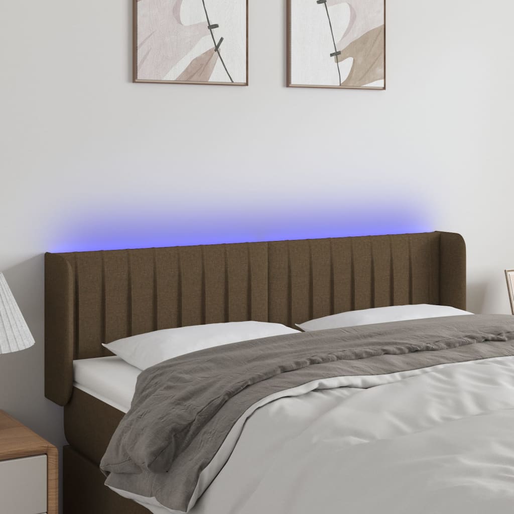 vidaXL Zagłówek do łóżka z LED, ciemnobrązowy, 147x16x78/88cm, tkanina