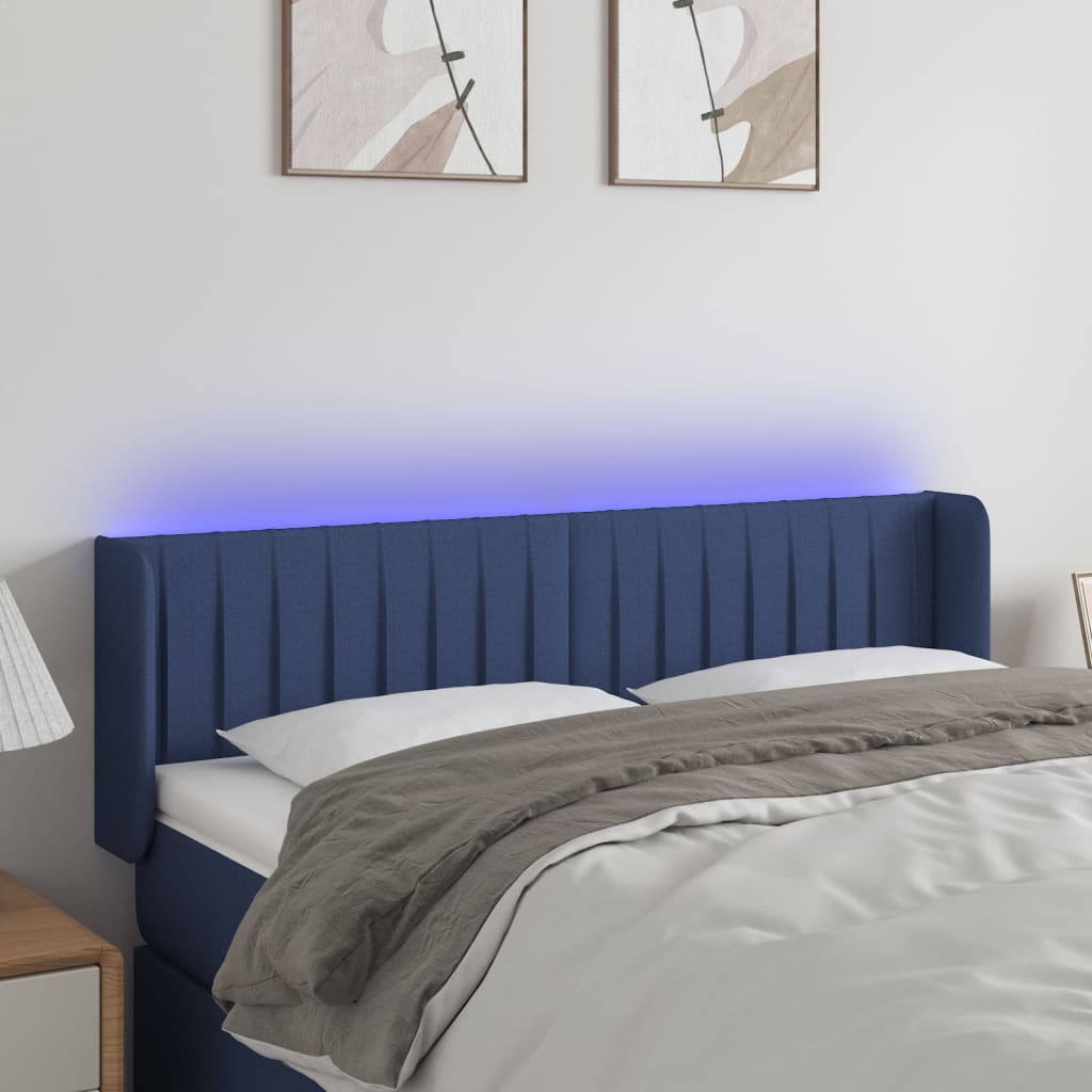 vidaXL Zagłówek do łóżka z LED, niebieski, 147x16x78/88 cm, tkanina