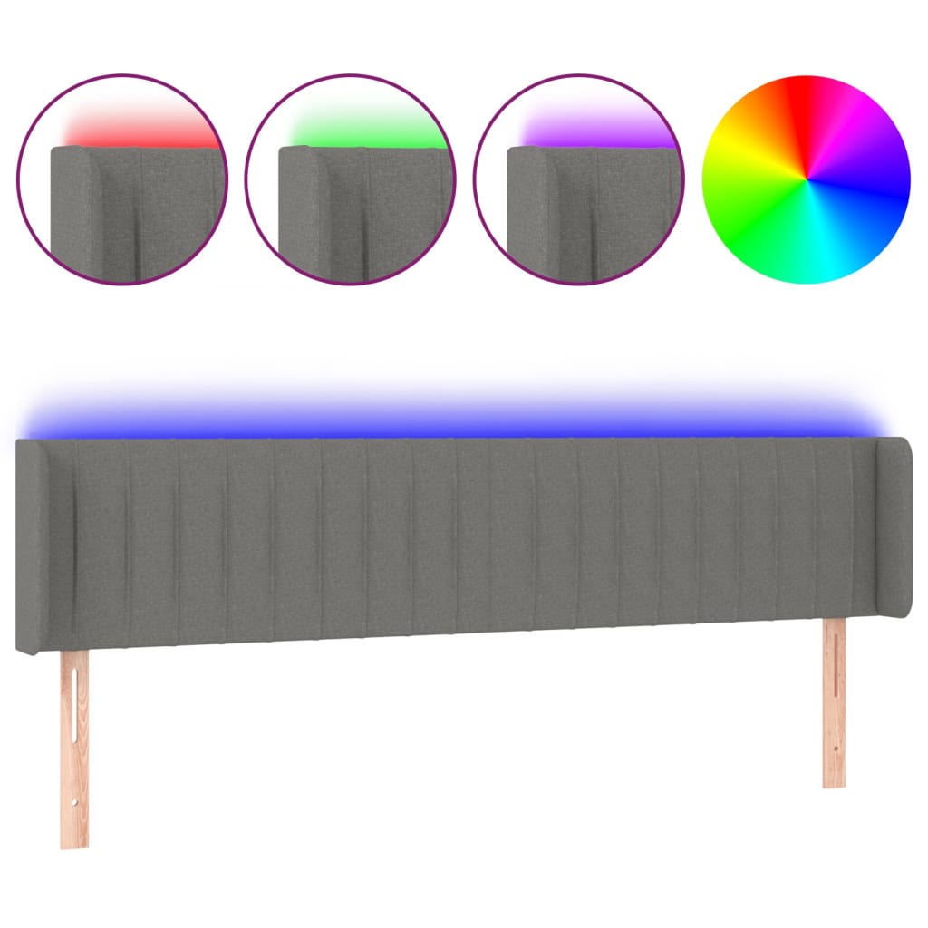 vidaXL Zagłówek do łóżka z LED, ciemnoszary, 203x16x78/88 cm, tkanina