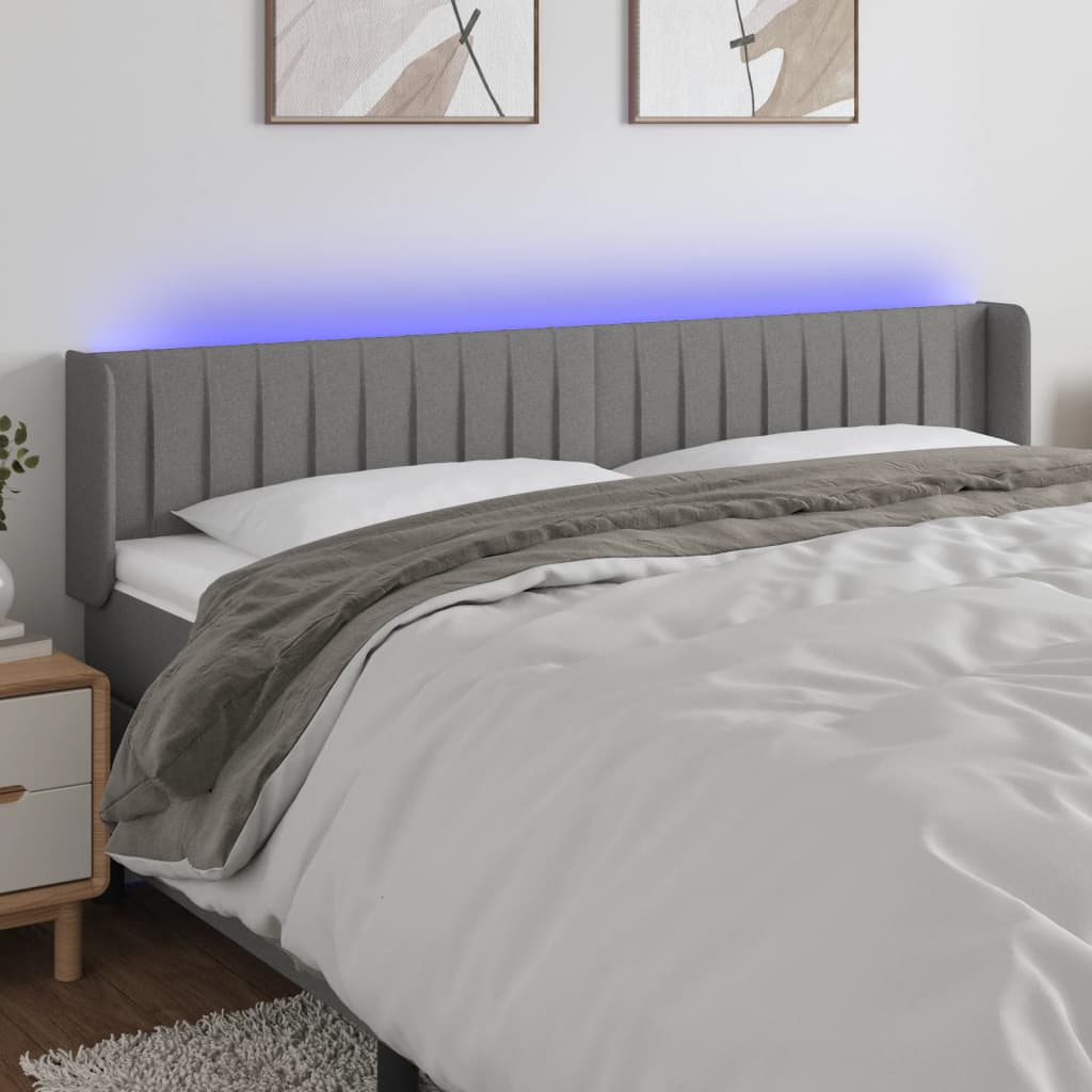 vidaXL Zagłówek do łóżka z LED, ciemnoszary, 203x16x78/88 cm, tkanina
