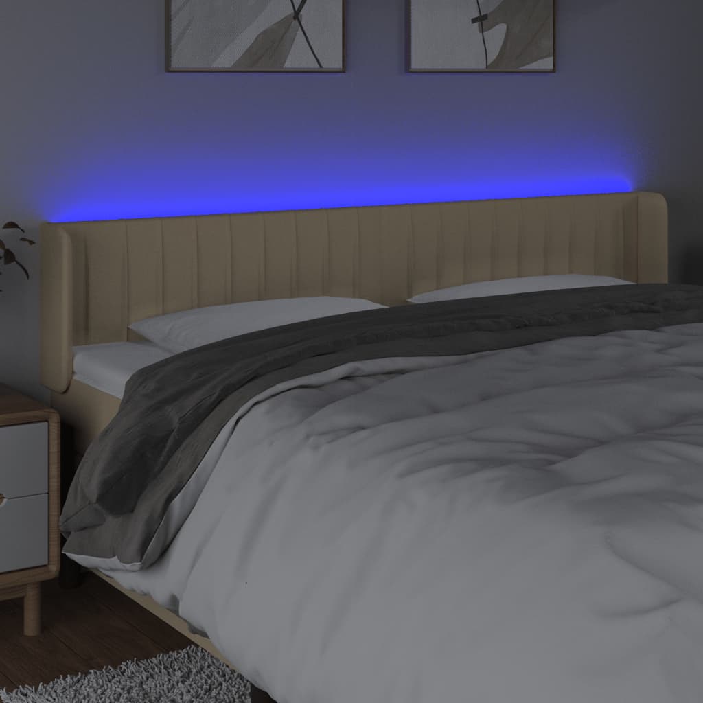 vidaXL Zagłówek do łóżka z LED, kremowy, 203x16x78/88 cm, tkanina