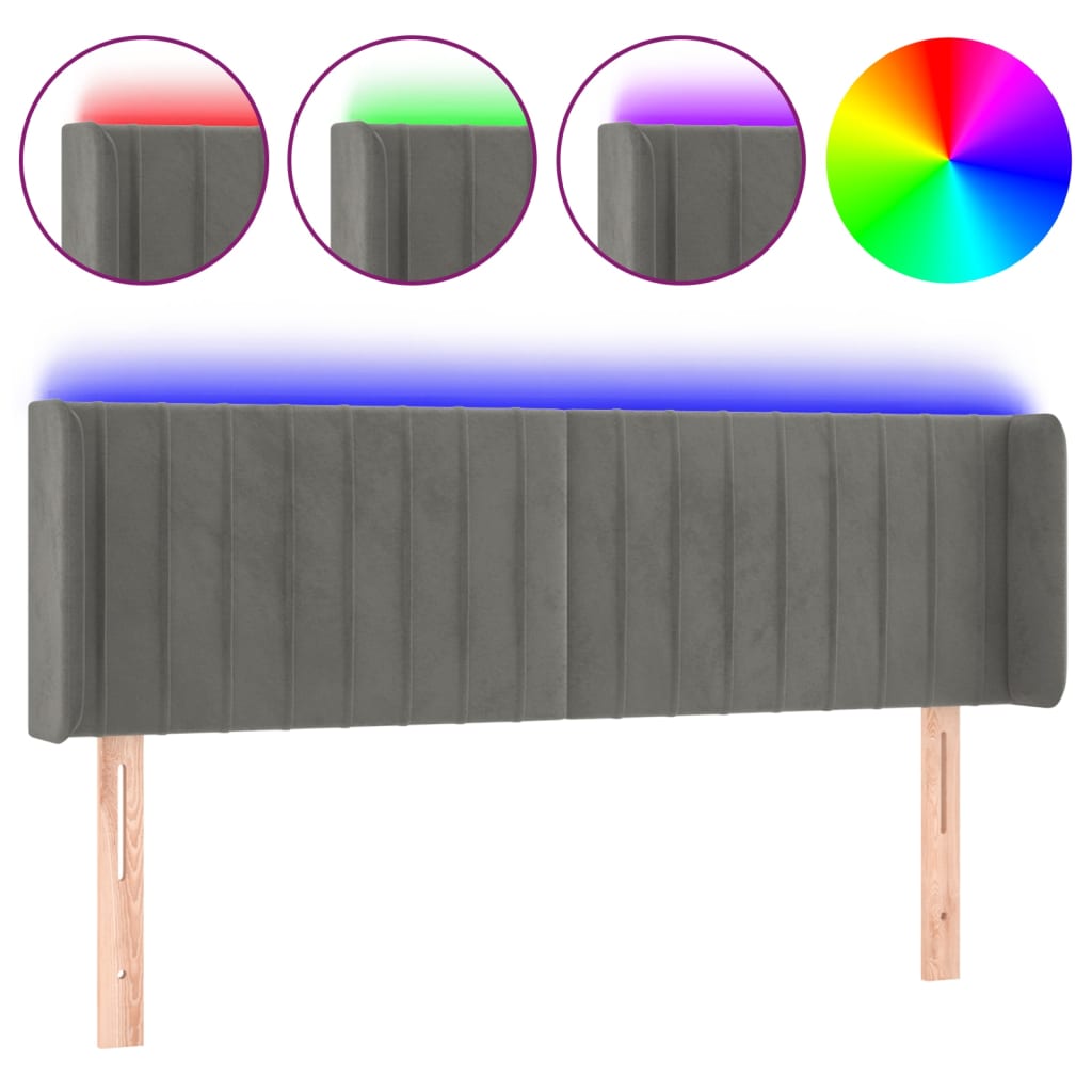 vidaXL Zagłówek do łóżka z LED, jasnoszary, 147x16x78/88 cm, aksamit