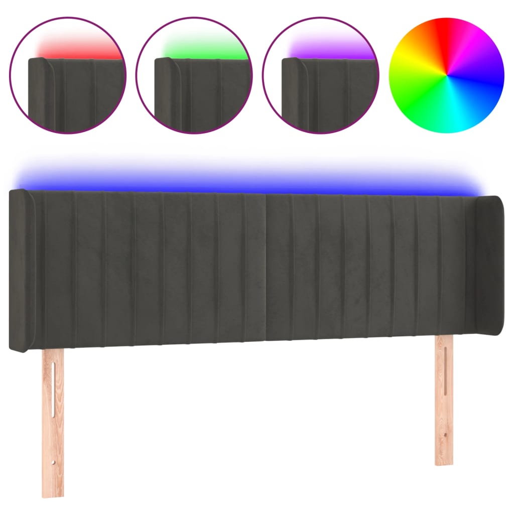 vidaXL Zagłówek do łóżka z LED, ciemnoszary, 147x16x78/88 cm, aksamit