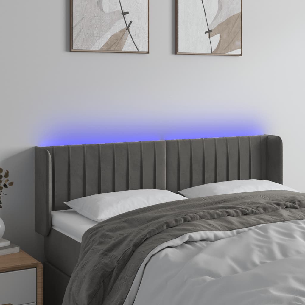 vidaXL Zagłówek do łóżka z LED, ciemnoszary, 147x16x78/88 cm, aksamit