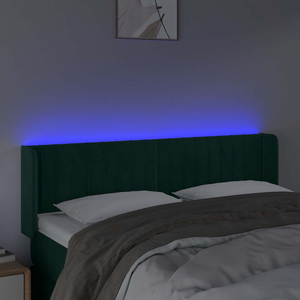 vidaXL Zagłówek do łóżka z LED, ciemnozielony, 147x16x78/88cm, aksamit