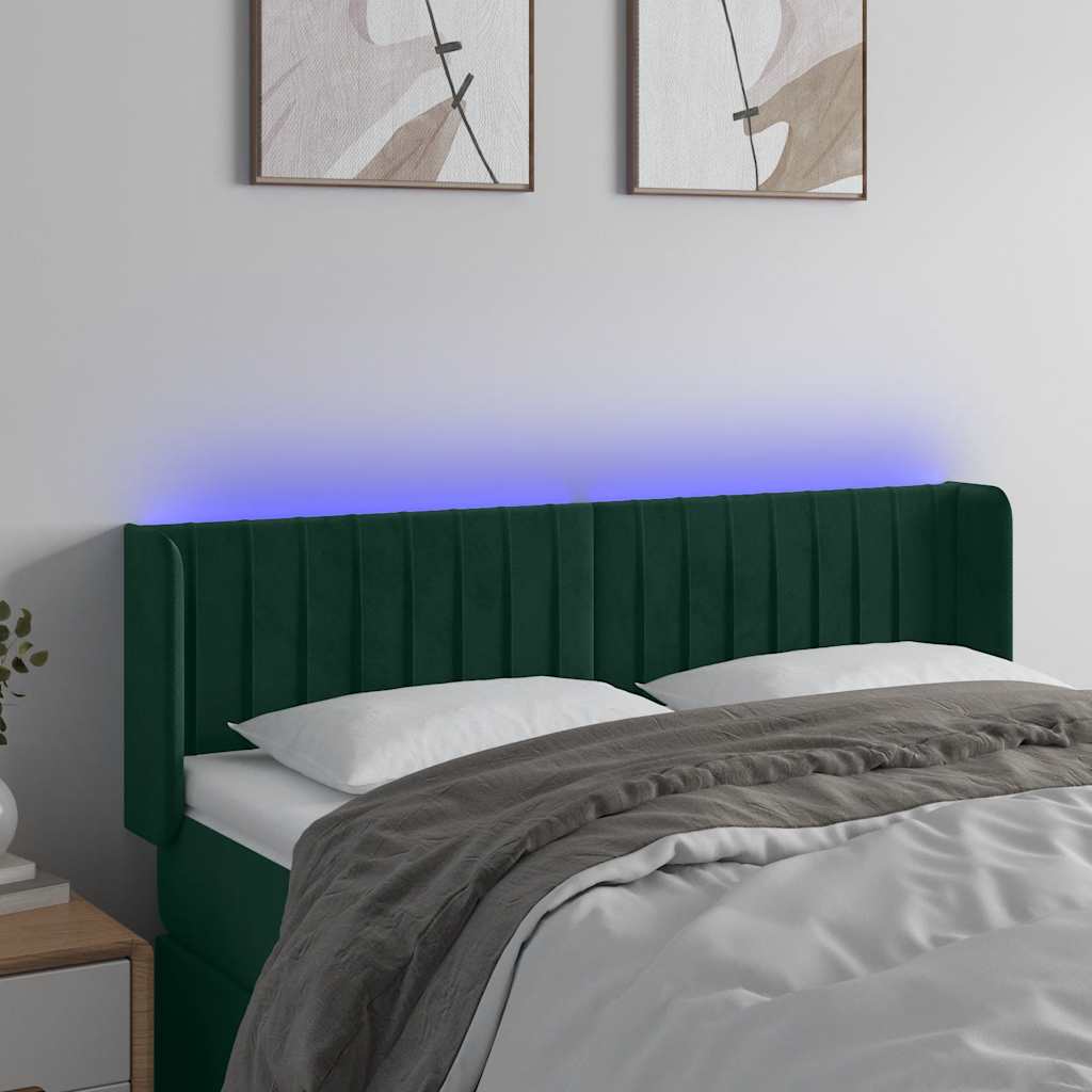 vidaXL Zagłówek do łóżka z LED, ciemnozielony, 147x16x78/88cm, aksamit