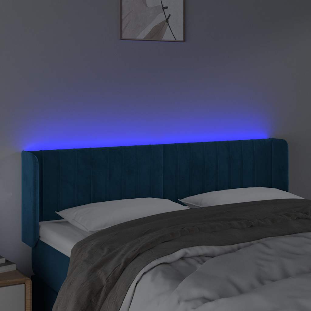 vidaXL Zagłówek do łóżka z LED ciemnoniebieski 147x16x78/88 cm aksamit