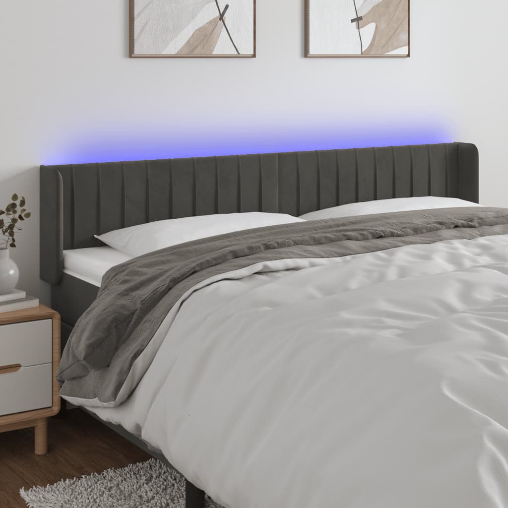 vidaXL Zagłówek do łóżka z LED, ciemnoszary, 163x16x78/88 cm, aksamit
