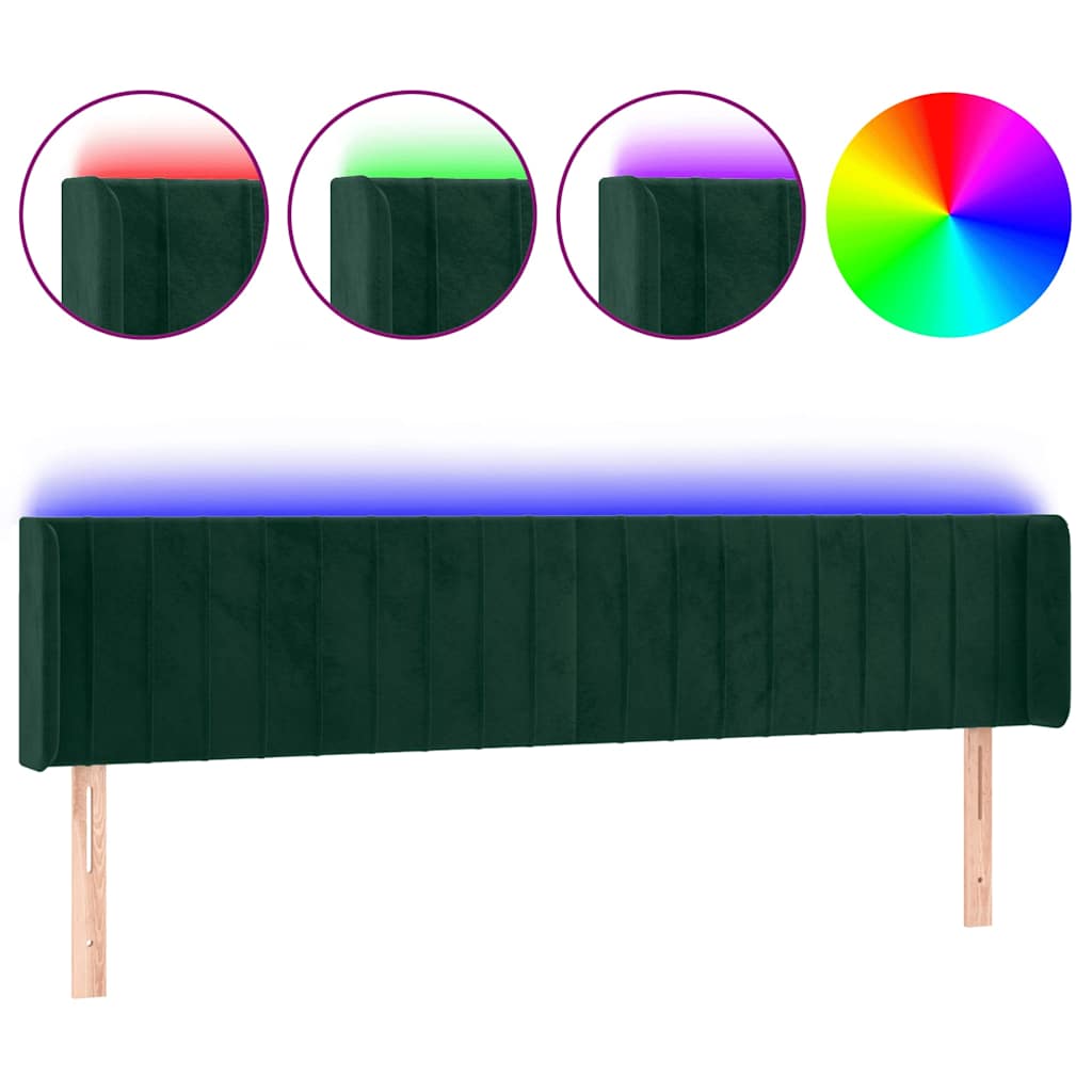 vidaXL Zagłówek do łóżka z LED, ciemnozielony, 163x16x78/88cm, aksamit
