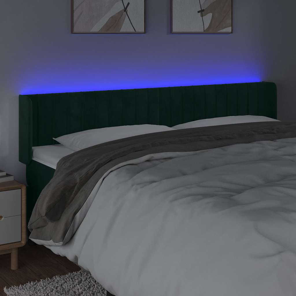 vidaXL Zagłówek do łóżka z LED, ciemnozielony, 163x16x78/88cm, aksamit