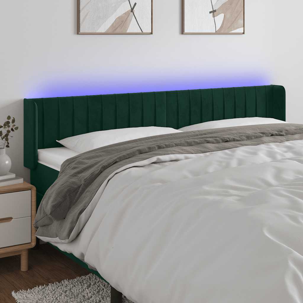 vidaXL Zagłówek do łóżka z LED, ciemnozielony, 163x16x78/88cm, aksamit