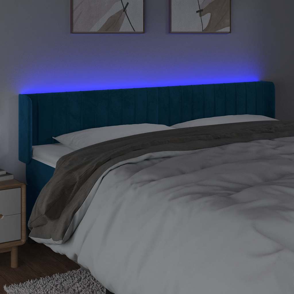 vidaXL Zagłówek do łóżka z LED ciemnoniebieski 163x16x78/88 cm aksamit