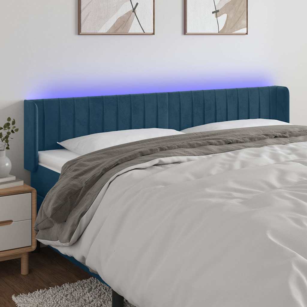 vidaXL Zagłówek do łóżka z LED ciemnoniebieski 163x16x78/88 cm aksamit